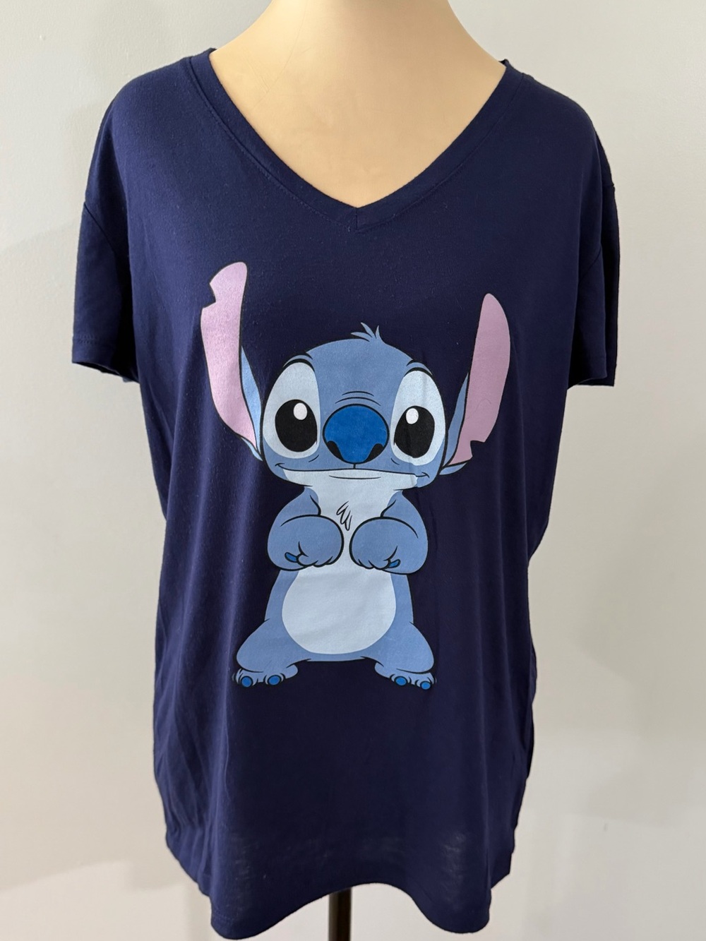Disney Navy Blue Stitch V-Neck Short Sleeve Relaxed Fit Crewneck Women's T-Shirt